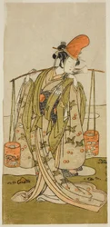 Näyttelijä Segawa Kitsuji III Murasamenä näytelmässä Gohiiki Kanjincho, esitettiin Nakamura-teatterissa yhdestoista kuukaudessa, 1773