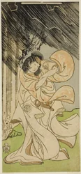 Näyttelijä Yamashita Kinsaku II ukkonenjumalattarena näytelmässä Onna Narukami, esitettiin Morita-teatterissa ensimmäisenä kuukautena, 1770