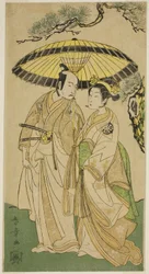 Näyttelijät Arashi Hinaji I (oikealla) ja Ichikawa Komazo II (vasemmalla), prinsessa Sakura (Sakura Hime) (?) ja Shimizu Tonoinosuke (?), näytelmässä Soga Moyo Aigo no Wakamatsu (?), esitettiin Nakamurassa. Teatteri (?) kolmannessa kuukaudessa, 1769 (?)