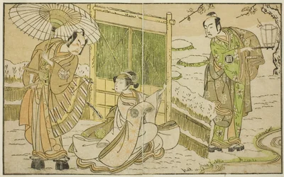 Näyttelijät Arashi Sangoro II Minamoto no Yoritomona (oikealla), Segawa Kikunojo II Yuki Onna (keskellä) ja Ichimura Uzaemon IX Kajiwara Genta no Kagetokina näytelmässä Myoto-giku Izu no Kisewata, esitettiin Ichimura-teatterissa Yhdestoista kuukausi,