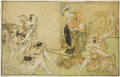 Näyttelijät Bando Zenji I Nagahashi Saburona, Iwai Hanshiro IV Otatsu-gitsuneena, Nakamura Konozo Hagai Ujitsunena ja Tuntematon näyttelijä (oikealta vasemmalle), näytelmässä Nue no Mori Ichiyo no Mato, esitettiin Nakamura-teatterissa Yhdestoista kuukausi,