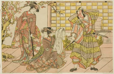 Näyttelijät Ichikawa Danjuro V Miura Kunitaena (oikealla), Segawa Kikunojo III Yasukatana (keskellä) ja Iwai Hanshiro IV Utouna (vasemmalla), näytelmässä Godai Genji Mitsugi no Furisode, joka esitettiin Nakamura-teatterissa yhdestoista kuukaudessa, 1782