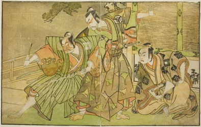 Näyttelijät Ichikawa Komazo II: Minamoto no Yorimasa (oikealla), Matsumoto Koshiro II Osada no Taro Kagemunena Naamioituna Yatsurugi Zaemoniksi (keskellä) ja Ichikawa Danzo III I no Hayata Tadazumina (vasemmalla), Näytelmässä Nue no Mori Ichiyo no Mato, es