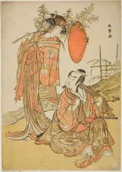 Näyttelijät Ichikawa Monnosuke II ja Segawa Kikunojo III rakastajina Seijuroa (oikealla) ja Onatsua (vasemmalla), Karastuskohtauksessa "Michiyuki Hiyoku no Kiku-cho" (An Elopemet: Chrysanthemum-and-Butterfly Lovebirds), tanssin välikappale elokuvasta Osa k