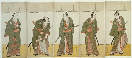 Näyttelijät Ichikawa Monnosuke II roolissa Karigane Bunshichi, Bando Mitsugoro I roolissa An no Heibei, Ichikawa Danjuro V roolissa Gokuin Sen
