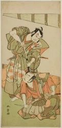 Näyttelijät Ichikawa Yaozo II Konoshita Hyokichina (?) (oikealla) ja Sakata Hangoro II Matsunaga Daizen Hisahidena (?) (vasemmalla), näytelmässä Gion Sairei Shinko Ki (?), esitetään Ichimura-teatterissa (?) vuonna viides kuukausi, 1775 (?)