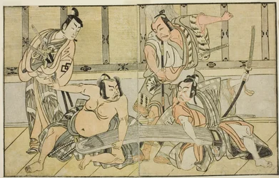 Näyttelijät Ichikawa Yaozo II Kujaku no Saburona, Matsumoto Koshiro II Hata no Daizen Taketorana, Nakajima Mihoemon II Aramaki Mimishirona ja Nakamura Shocho I Ki no Tsurayukina (oikealta vasemmalle), näytelmässä Kuni no Hana Ono no Itsumoji, Esitetty klo 