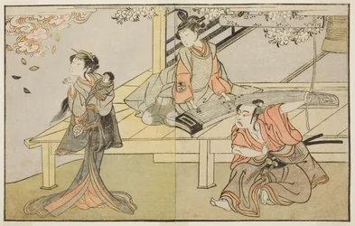 Näyttelijät Ichikawa Yaozo II Yoshimine no Munesadana (oikealla), Yoshizawa Sakinosuke III Shizuyana (keskellä) ja Nakamura Matsue I Sakuragina (vasemmalla), näytelmässä Kuni no Hana Ono no Itsumoji, esitettiin Nakamura-teatterissa yhdestoista. Kuukausi, 1