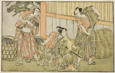 Näyttelijät Kasaya Matakuro II Hagun Tarona (oikealla), Ichikawa Monnosuke II Izutsu no Suke Narihirana (keskellä) ja Nakamura Nakazo I Kose no Kanaokana Naamioitunut Sogoroksi hiilentekijäksi näytelmässä Kuni no Hana Ono no Itsumoji, esitetty. Nakassa