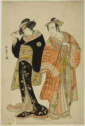 Näyttelijät Matsumoto Koshiro IV ja Segawa Kikunojo III Lovers Choemonina (oikealla) ja Ohanina (vasemmalla), Karastuskohtauksessa "Michiyuki Segawa no Adanami" (An Opetus: Petolliset aallot matalassa joessa), tanssin välikappale toisesta osasta näytelmäst