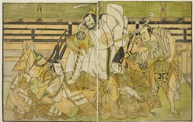 Näyttelijät Nakamura Denkuro II Seno-o Tarona, Ichikawa Komazo II Yorimasana, Nakamura Nakazo I Taira no Kiyomorina ja Ichikawa Danjuro V Kiou Takiguchina (oikealta vasemmalle), näytelmässä Nue no Mori Ichiyo no Mato, Esitetty klo. Nakamura-teatterissa