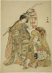 Näyttelijät Nakamura Nakazo I Onmaya Kisandana pukeutunut Kakubeiksi leijonatanssijaksi (Kakubei-jishi) (oikealla) ja Segawa Kikunojo III Shizuka Gozenina (vasemmalla), tanssijaksossa "Myoto-zake Kawaranu Nakanaka" (Avioliiton ikuinen harmonia) ) Cup), alk