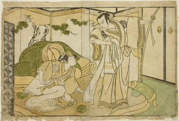 Näyttelijät Nakamura Nakazo I Taira no Kiyomorina (oikealla) ja Yamashita Kinsaku II Tokiwa Gozenina (vasemmalla), näytelmässä Nue no Mori Ichiyo no Mato, esitettiin Nakamura-teatterissa yhdestoista kuukaudessa, 1770