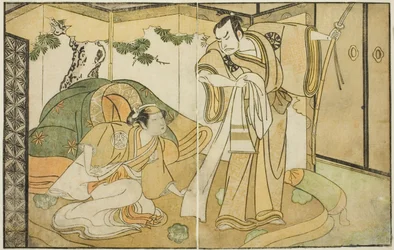 Näyttelijät Nakamura Nakazo I Taira no Kiyomorina (oikealla) ja Yamashita Kinsaku II Tokiwa Gozenina (vasemmalla), näytelmässä Nue no Mori Ichiyo no Mato, esitettiin Nakamura-teatterissa yhdestoista kuukaudessa, 1770