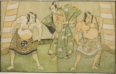 Näyttelijät Nakamura Sukegoro II Matano no Gorona (oikealla), Onoe Kikugoro I Soga no Tarona (keskellä) ja Otani Hiroji III Kawazu no Saburona (vasemmalla), näytelmässä Myoto-giku Izu no Kisewata, esitettiin Ichimurassa. Teatteri yhdestoista kuukaudessa, 1