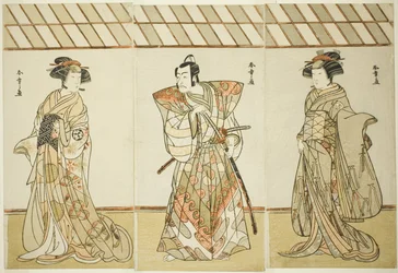 Näyttelijät Onoe Tamizo I Nishikiginä (?) tai Otaena (?) (oikealla), Ichikawa Danjuro V Miura Heidayu Kunitaena (?) (keskellä) ja Osagawa Tsuneyo II Oyukina (?) (vasemmalla) näytelmäpäivämäärässä Nishiki Tsui no Yumitori (?), Esitetty Morita-teatterissa (?