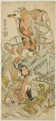 Näyttelijät Sawamura Sojuro II kiinalaisena Sage Huangshi Gongina (hevosen selässä) ja Ichikawa Danzo III kiinalaisena soturina Zhang Liangina (lohikäärmeen selässä) näytelmän Otokoyama Yunzei Kurabe (Otoko-vuorella, oikeudenkäynti) finaalissa. vahvuus pii