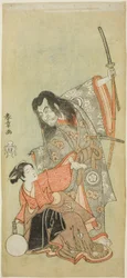 Näyttelijät Sawamura Sojuro II pappina Shunkanina ja Azuma Tozo II Oyasuna näytelmässä "Hime Komatsu Ne no Hi Asobi (retkellä poimimaan männyn taimia uuden vuoden rottapäivänä)"