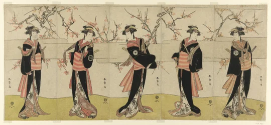 Näyttelijät Segawa Kikunojo III Karigane Obunina, Nakayama Tomisaburo I An no Oyasuna, Iwai Kiyotaro II Kaminari no Oshana, Nakayama Tatezo I Gokuin no Osenina ja Ichikawa Monnosuke II Hotei no Oichina (oikealta vasemmalle), elokuvassa "Gonin" Onna", kohta