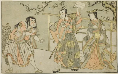 Näyttelijät Yamashita Yaozo I Ono no Komachina (oikealla), Matsumoto Koshiro II Godai Saburona (keskellä) ja Ichikawa Danzo III Otomo no Kuronushina (vasemmalla) näytelmässä "Kuni no Hana Ono no Itsumoji" esitettiin Nakamura-teatteri yhdestoista kuukaudess