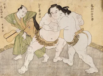 Painiottelu Kimenzan Tanigoron ja Edogasaki Gemjin välillä (värillinen puupainatus)