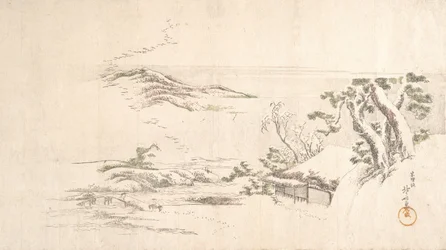Lumen peittämä maisema harmaiden pilvien kanssa, n. 1800.