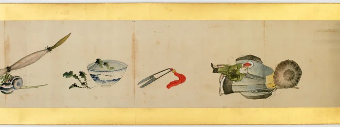 Yksityiskohta käsirullasta erilaisilla kuvilla, Edo-kausi, 1839 muste ja väri paperille