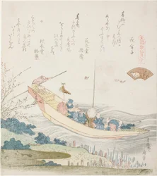 Lautta Sumida-joella, kuvitus Capital Shellille (Miyako-gai), sarjasta "A Matching Game with Genroku-period Poem Shells (Genroku kasen kai awase)"