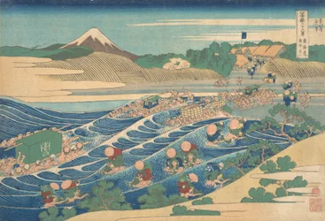 Fuji nähtynä Kanayasta Tokaidon varrella, Tokaido Kanaya no Fuji, sarjasta ”Fuor Fuji-vuoren kolmekymmentäkuusi näkymää”, n. 1830-32.