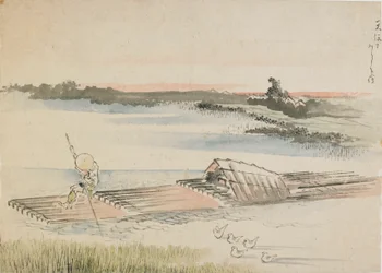 Maisema: venemies poljettelemassa lauttaansa, 1700-luvun loppu - 1800-luvun alku.