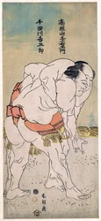 Les lutteurs sumo Takaneyama Yoichiemon ja Sendagawa Kichigoro -- Sumopainijat Takaneyama Yoichiemon ja Sendagawa Kichigoro par Hokusai, Katsushika (1760-1849) Värillinen puupiirros, koko: 30,6x12,9, Private Collection n. 1792