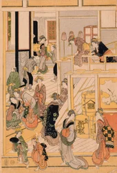 Uudenvuodenpäivä Teahouse Ogi-yassa. c.1810 (värillinen puupainatus) (katso sarja 277796-277798)
