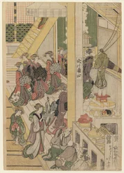 Uudenvuodenpäivä Teahouse Ogi-yassa. c.1810 (värillinen puupainatus) (katso sarja 277795-277796 & 277798)