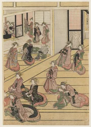 Uudenvuodenpäivät Teahouse Ogi-yassa. c.1810 (värillinen puupainatus) (katso sarja 277795-277797)