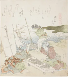 Kierrätyspaperi, kuvitus elokuvalle The Fulling-block Shell (Kinuta gai), sarjasta "A Matching Game with Genroku-period Poem Shells (Genroku kasen kai awase)"