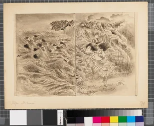 Kohtauksia Japanin ja Korean välisestä sodasta, 1700-luvun loppu-1900-luvun alkupuolisko (tussi ja pesu paperille).