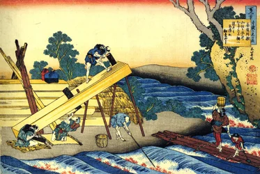 Serie de cent poems de cent runoilijat : ""Harumichi no Tsuraki"" Charpentiers au travail - Estampe de Katsushika Hokusai (1760-1849) (ecole ukiyo-e) vers 1830 State Hermitage Saint Petersbourg
