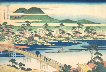 Togetsu-silta Arashiyamassa Yamashirossa, sarjasta Remarkable Views of Bridges..., ca. 1830.