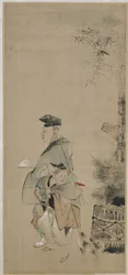 Kaksi viihdyttäjää kävelemässä uutta vuotta, Edo-kausi, n. 1830-32 (muste ja väri paperille)