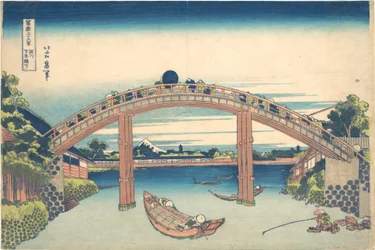 Fukagawan Mannen-sillan alla (Fukagawa Mannenbashi shita), sarjasta ”36 näkymää Fuji-vuorelta” (Fugaku sanjūrokkei)