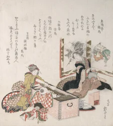 Naiset valmistamassa teetä tulenpitimen ympärillä, 1816.