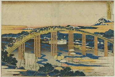 Yahagin silta Okazakissa Tokaidon varrella (Tokaido Okazaki Yahagi no hashi), sarjasta "Epätavallisia näkymiä kuuluisista silloista eri maakunnissa (Shokoku meikyo kiran)".