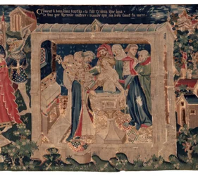 Saint Piatin ja Saint Eleuthèren historia, jota kutsutaan myös Arrasin kuvakudoksiksi. Tilattu kaanonilta Toussaint Prierilta, Burgundin herttuan kappelilta, 1300-luvun loppu - 1400-luvun alku. 22m x 2m. Yksityiskohta (kuvakudos)