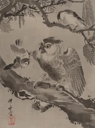 Pienten lintujen pilkaama pöllö, n. 1887.