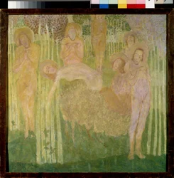 Luonnos freskomaalaukseen. Pyhien esitys sädekehällä, iloisilla kasvoilla, alastomilla vartaloilla, kokoontuneena kukkivien puiden puutarhaan. Kasimir Severinovich Malevich (Malevich, Malevic) (1878-1935) työ, te