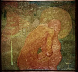 Luonnos freskolle. Rukous. (Freskomaalauksen luonnos; Rukous). Alaston hahmo metsämaisemassa on käpertynyt aureolinsa alle. Kasimir Severinovich Malevitshin (Malevich, Malevic) (1878-1935) työ, tempera pahvilleLuonnos freskolle. Rukous. (Freskomaalauksen l