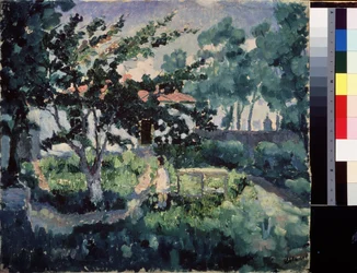 Kesäinen maisema. Kuvaus pienen maalaistalon puutarhasta kesällä, lapsen kanssa kesälomalla. Maalaus: Kasimir Severinovich Malevich (Malevich, Malevic) (1878-1935), öljy kankaalle