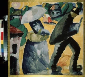 maakunta. Arjen kohtaus pienen kylän kaduilla, sateesta yllättynyt pariskunta kävelee sateessa, nainen turvautuu sateenvarjon alle. Kasimir Severinovich Malevich (Malevich, Malevic) (1878-1935) työ, guassi paperille