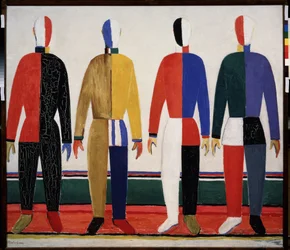 Urheilijat (urheilijat). Neljä miestä värikkäissä urheiluvaatteissa. Maalaus: Kasimir Severinovich Malevich (Malevich, Malevic) (1878-1935), öljy kankaalle