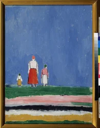 Kolme figuuria. Äiti, jolla on kaksi lasta, edustettuna takaapäin. Maalaus: Kasimir Severinovich Malevitch (Malevich, Malevic) (1878-1935), öljy kankaalle 1913 tai 1927 jälkeen. Venäläinen taide, 1900-luvun avantgarde, suprematismi. Kokoelma s